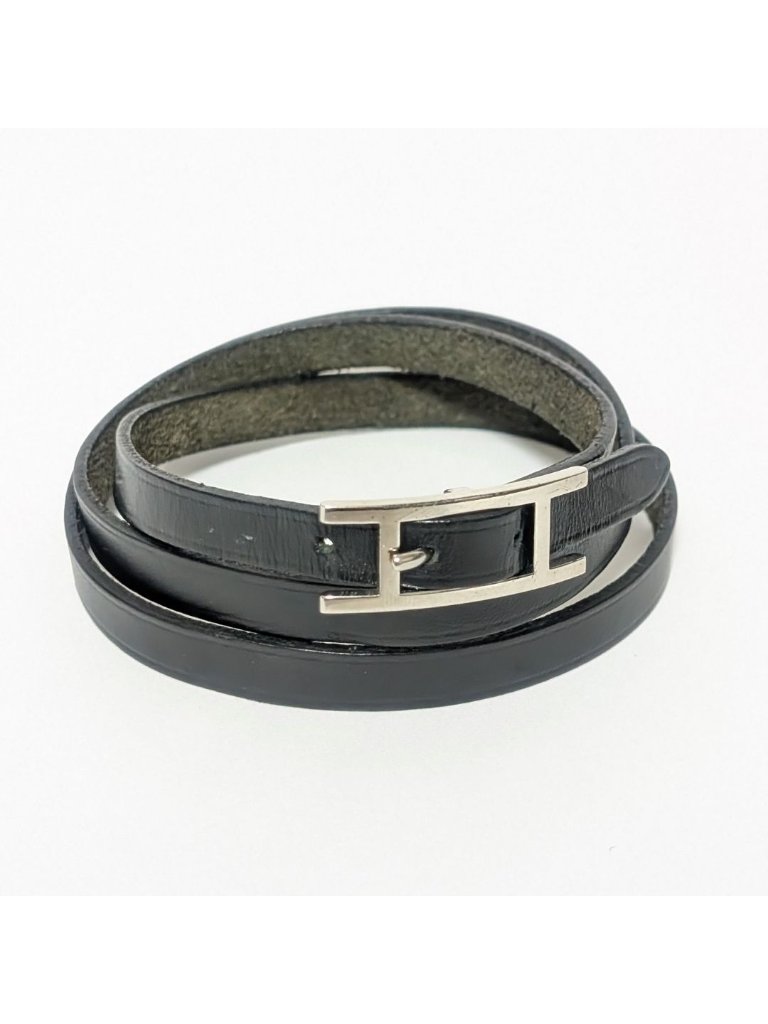 Hermes Hapi 3 Leather Black Silver Bracelet